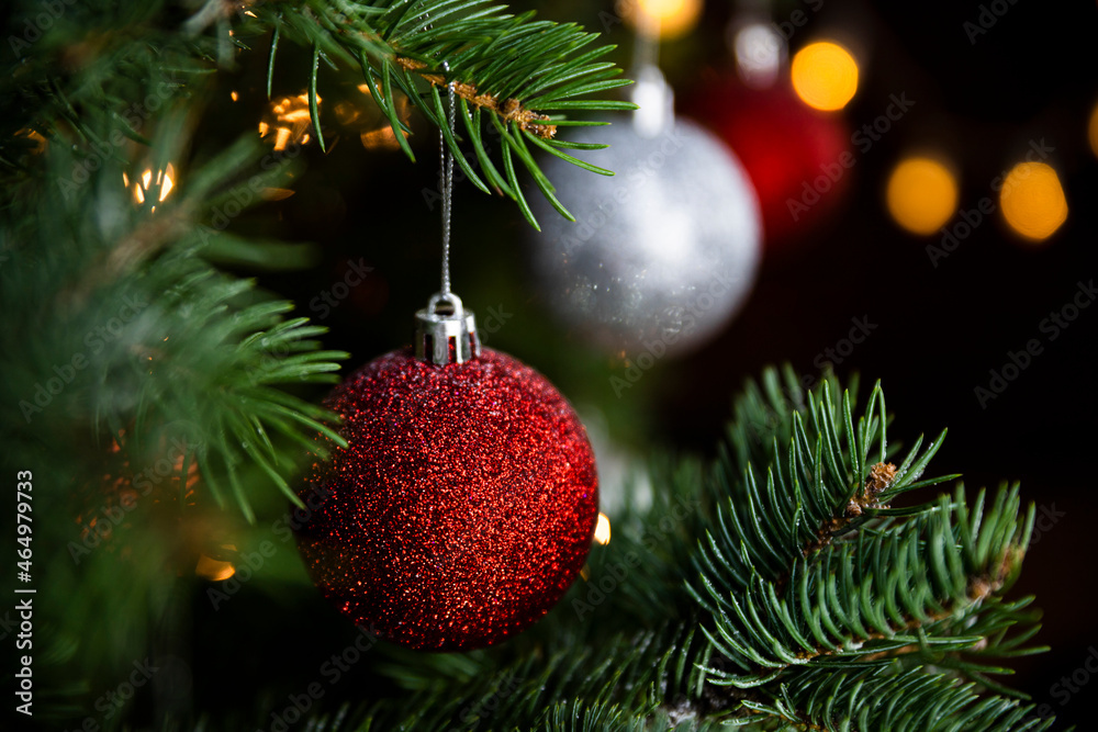 Christmas decoration and ornaments closeup on a Christmas tree