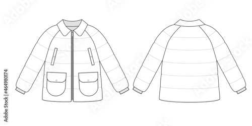 Fashion technical drawing of a zip-up puffer jacket with pockets and collar