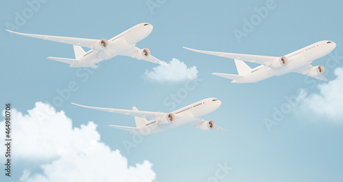 Airplane with cloud on pastel blue background. Airline concept travel plane passengers. Jet commercial aircraft. 3d render 