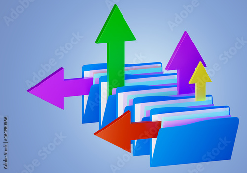 Data exchange technologies. Folders of papers with arrows. Network data exchange concept. Data exchange software. Storage and transmission of information. Distribution of information flows. 3d image.