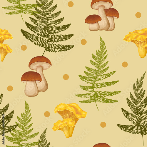 Forest fresh eatable mushrooms on pastel beige background. Cosy botany vector pattern. Seasonal brown penny bun, porcino, yellow chanterelles and green fern leaves.
