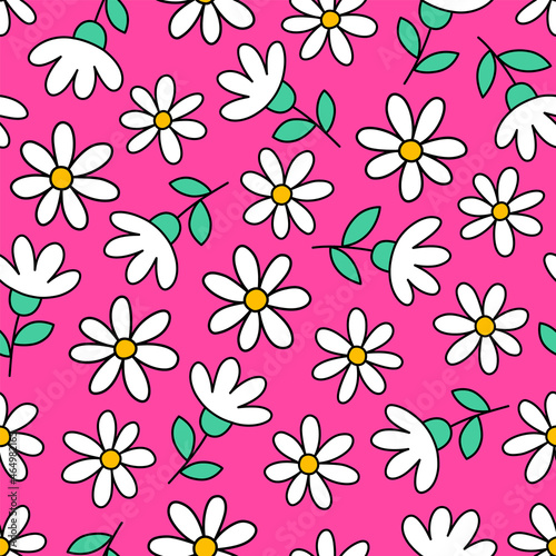 Cute hand drawn daisy flower seamless pattern background.