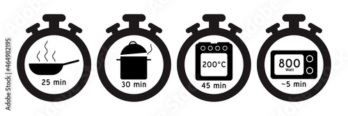 Meal Timer logo design. 5 minutes cook in boiling saucepan, fry pan,  microwave watt and oven cooker.
