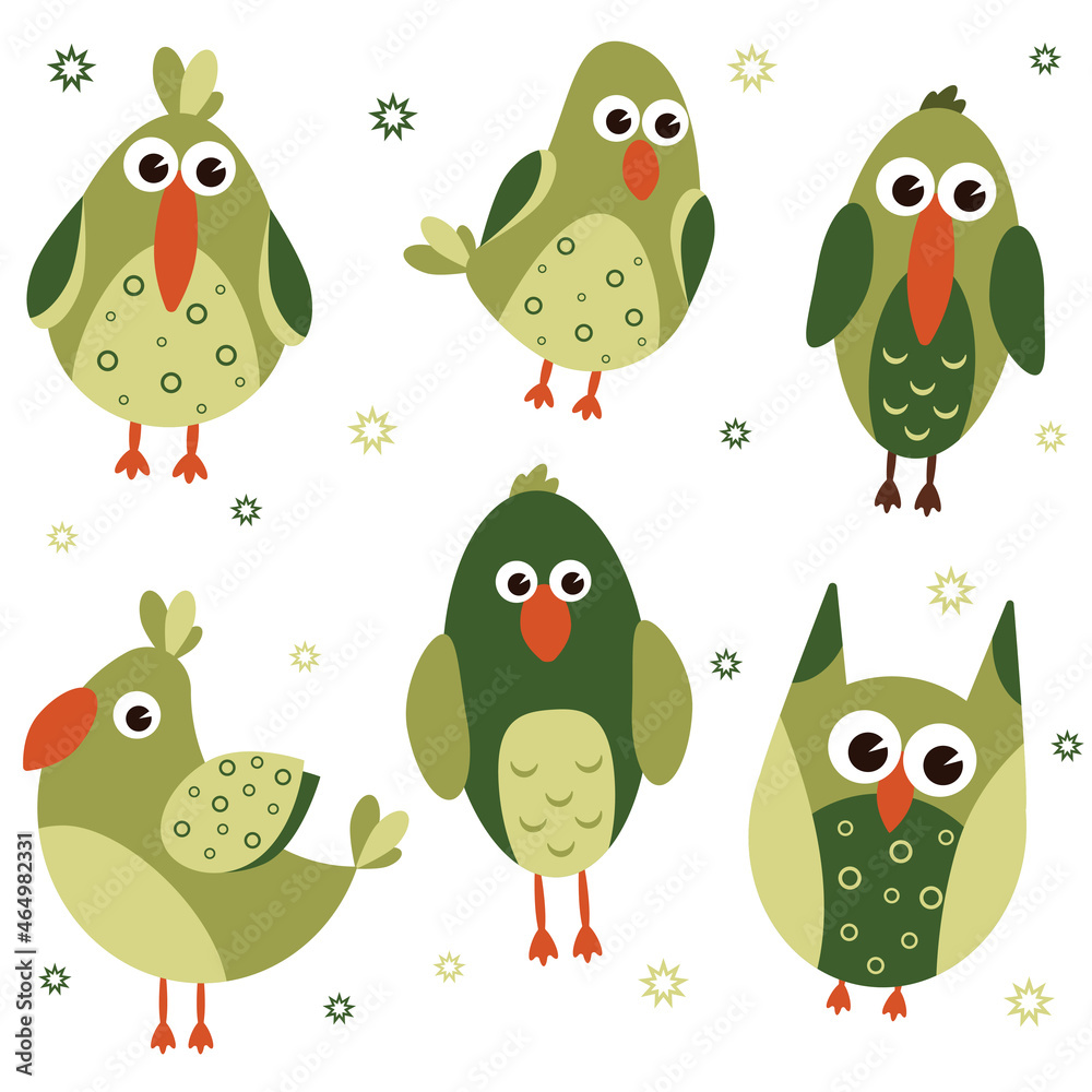 set of cute cartoon colored birds in hand drawn style vector illustration. lovely baby pictures for decor