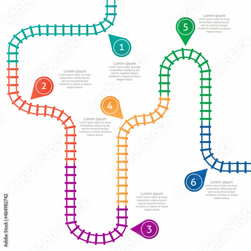 Railroad tracks, stations map. Railway route, tracking subway stations map top view, colorful stairs railways. Infographic elements, simple illustration.
