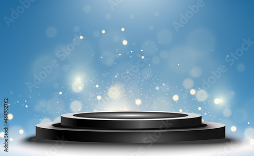 Winner background with signs of first, second and third place on a round pedestal. Vector winner podium sports symbols.