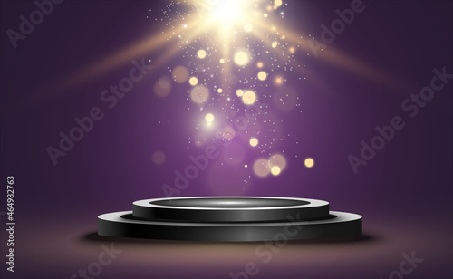 Winner background with signs of first, second and third place on a round pedestal. Vector winner podium sports symbols.