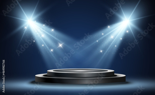 Winner background with signs of first, second and third place on a round pedestal. Vector winner podium sports symbols.