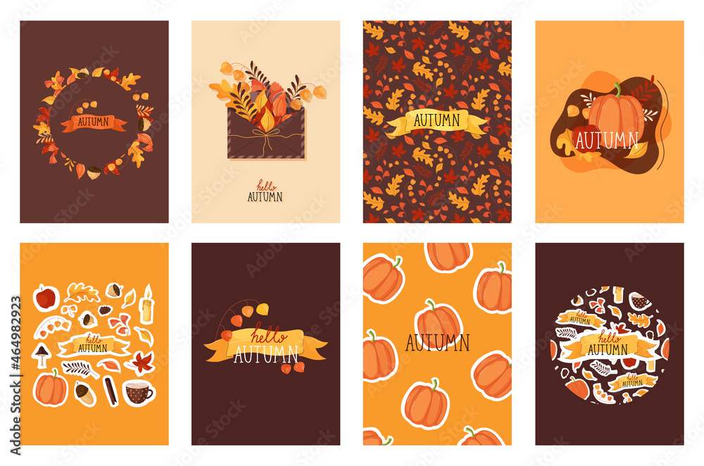 Autumn cards collection and prints for halloween with autumn elements, leaves, envelope and pumpkin. Vector stock illustration