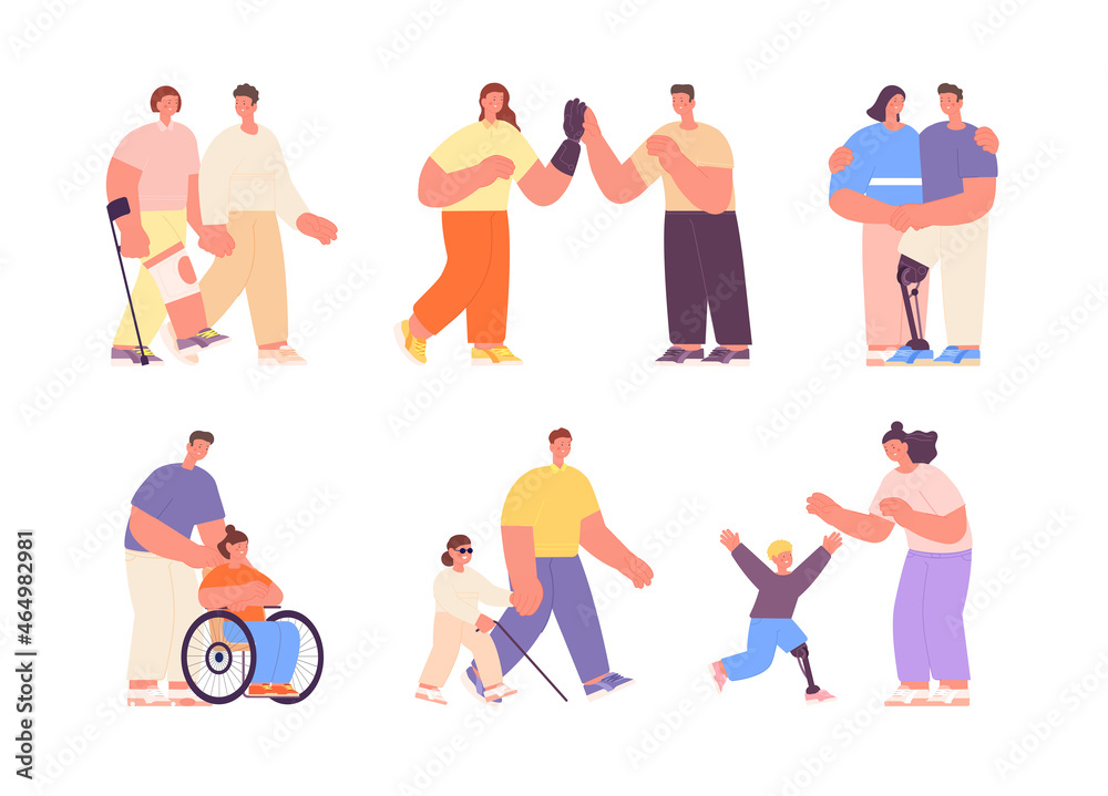 Friends and friendly person, family relationships people. Smile girl in wheelchair, inclusive lifestyle vector utter set