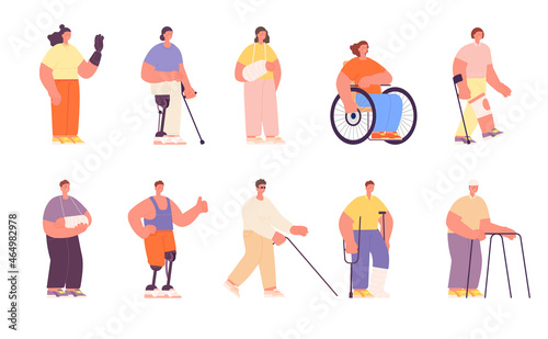 Characters bandaged girl boy. Worker on wheelchair, injurious people group. Inclusion and equal person utter vector set