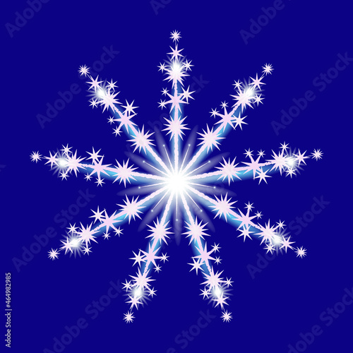 Vector snowflake design. Isolated decor element with shine effects on blue background.