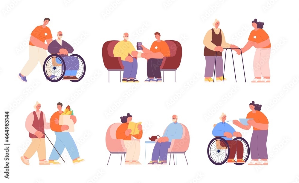 Social workers. Elderly women, volunteering characters. People support care grandma and grandfather. Volunteer help seniors utter vector set