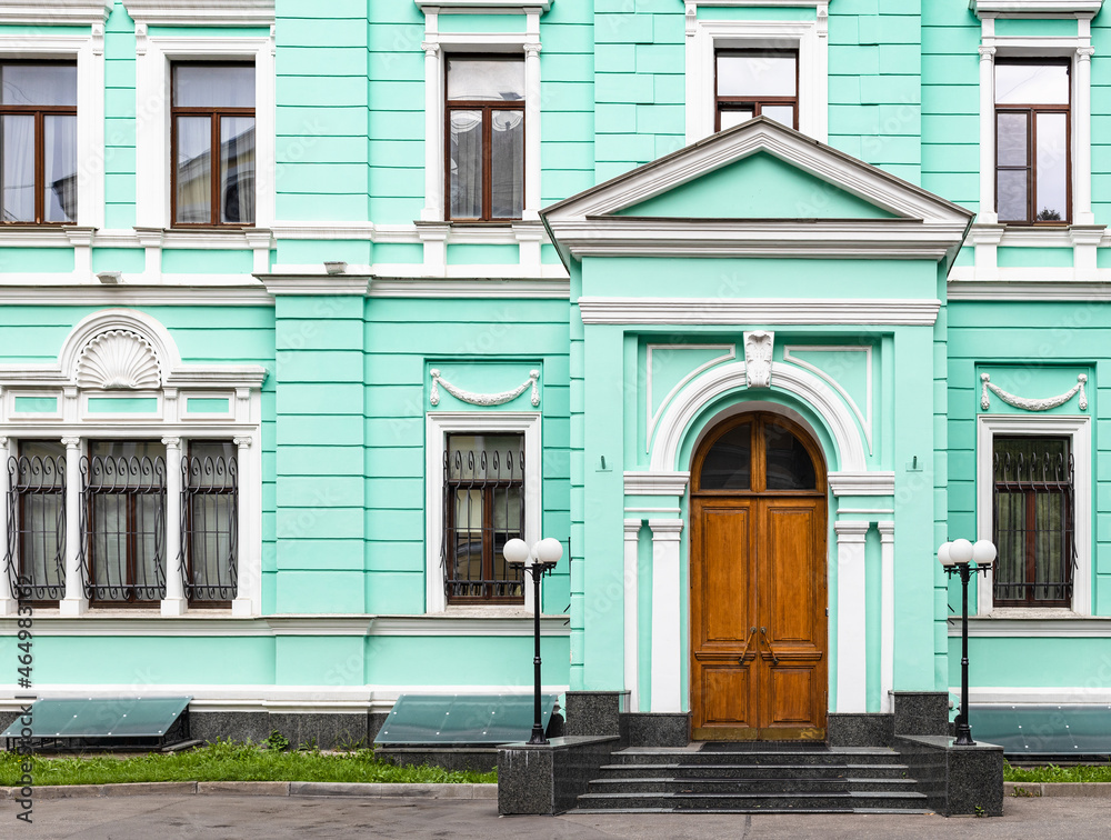 facade of green mansion on Spiridonovka Street in Moscow city. House was built in 1902, renovated in 1999 facade of green mansion on Spiridonovka Street in Moscow city. House was built in 1902, renovated in 1999