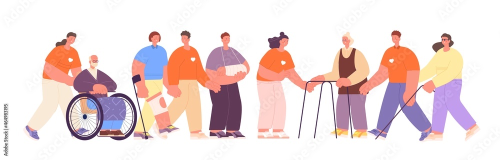 Volunteers care. Diverse people crowd, handicapped, young and seniors characters. Social support service, charity utter vector concept Volunteers care. Diverse people crowd, handicapped, young and seniors characters. Social support service, charity utter vector concept
