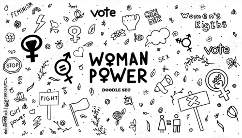 A set of doodle signs of feminism, women s rights. Grunge hand drawn vector icons of Feminism protest symbol isolated on transparency background. A rally to fight for voting rights