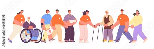 Volunteers care. Diverse people crowd, handicapped, young and seniors characters. Social support service, charity utter vector concept