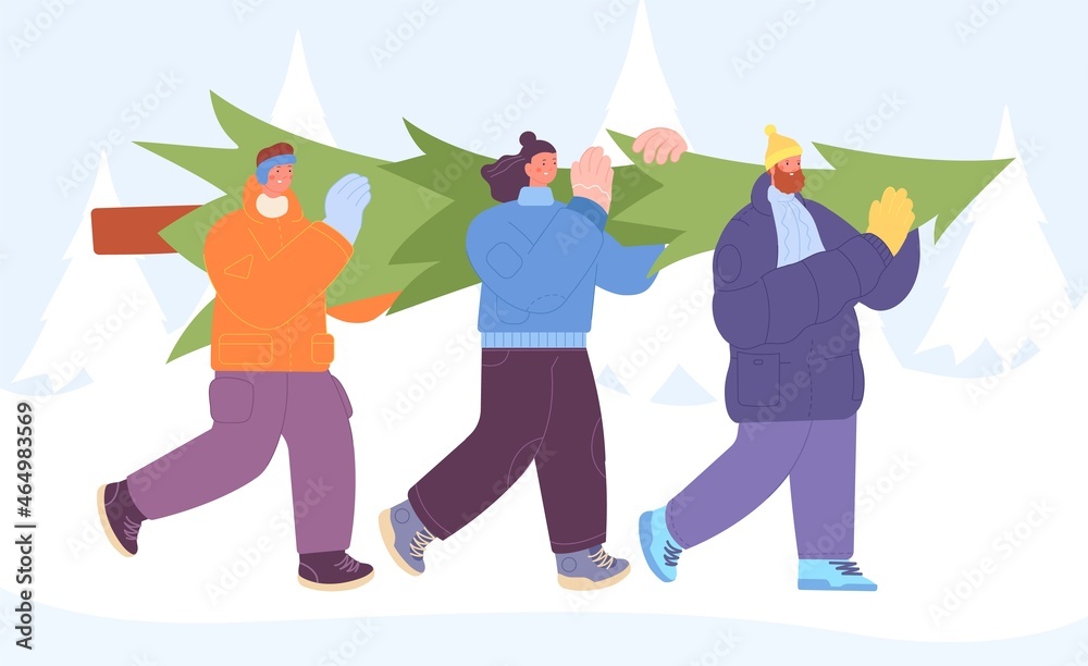 Christmas time shopping. Friends carry new year tree, happy winter holiday time. Prepare xmas party, people walking on snowy forest utter vector concept