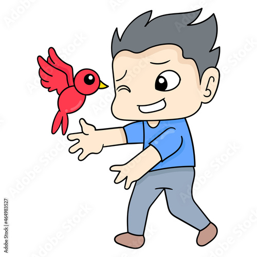 boy kid playing with parakeet nature, doodle icon image kawaii