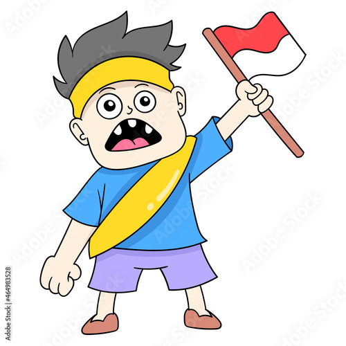 boy celebrating the independence of the Indonesian state holding a flag, doodle icon image kawaii