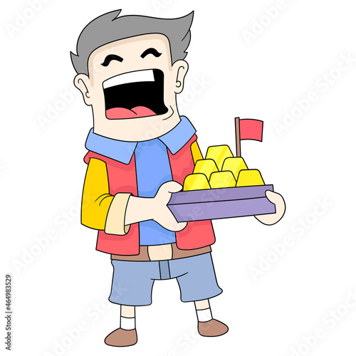 boy is promoting the purchase of carrying gold bullion, doodle icon image kawaii