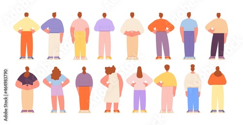 Back stand people. Crowd backs  group character looking at future. Isolated flat man woman  back view adults. Backside human poses utter vector set