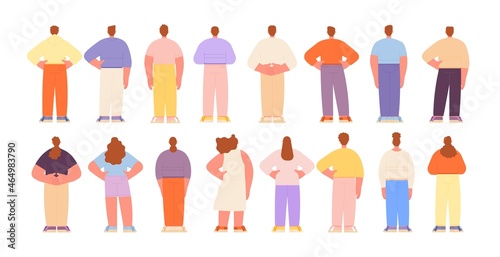 Back stand people. Crowd backs, group character looking at future. Isolated flat man woman, back view adults. Backside human poses utter vector set