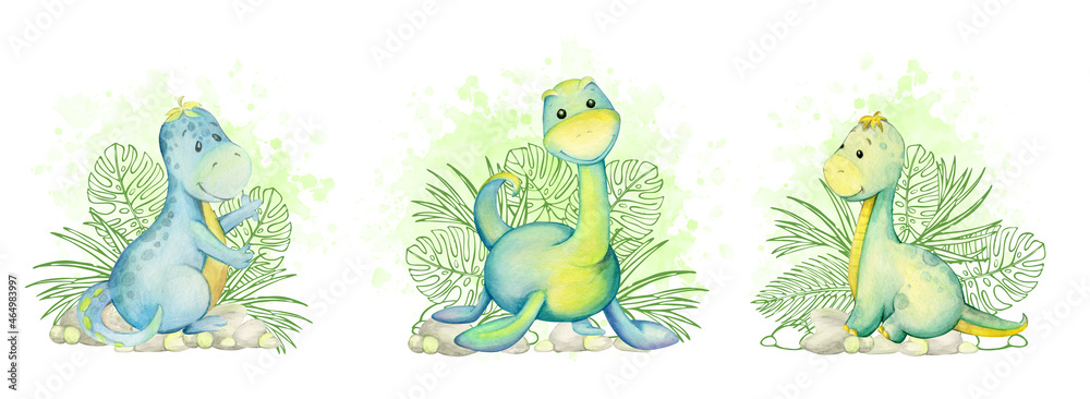 Dinosaurs, rocks, plants. Watercolor illustration, in cartoon style, on an isolated background.