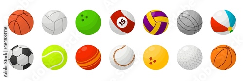 Cartoon sport ball. Flat balls, tennis, cricket baseball game equipment. Isolated basketball object, soccer of football sporting recent vector collection
