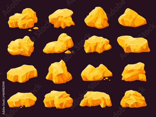 Gold rock stones. Game stone mine elements, golden nugget pile. Isolated gem collection, cartoon shining gemstones. Natural resources recent vector set