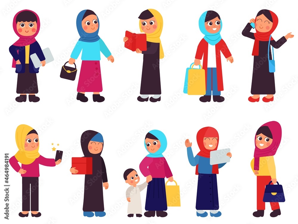 Arab woman characters. Muslim women, arabic cartoon female crowd. Little saudi people, isolated flat business girls in hijab decent vector set