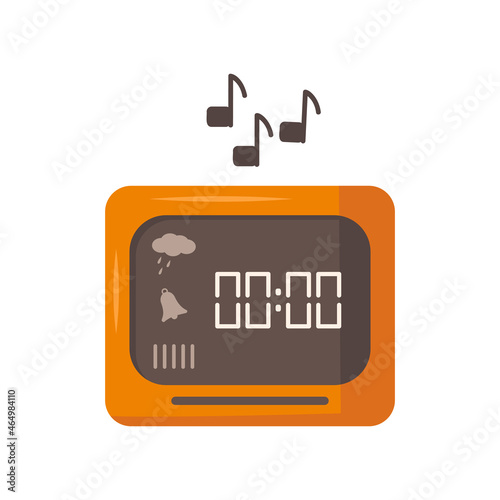 Electric alarm clock icon with signs of bell and cloud with rain . Vector illustration of weather station in flat style