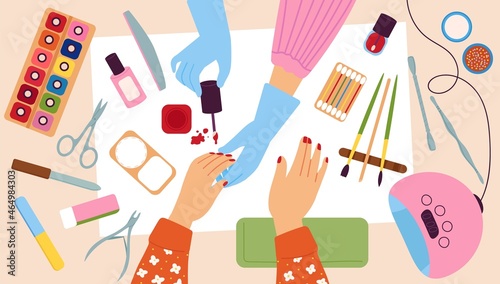 Salon manicure. Nail treatment, manicured beauty and colors swatch. Hands care tools, doodle cosmetics accessories top view, decent vector scene