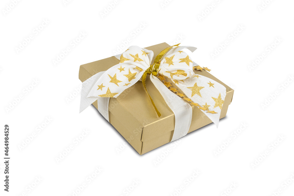 Gold luxury gift box decorated with gold stars on white ribbon. Festively wrapped Christmas gift isolated on white background. Gold luxury gift box decorated with gold stars on white ribbon. Festively wrapped Christmas gift isolated on white background.