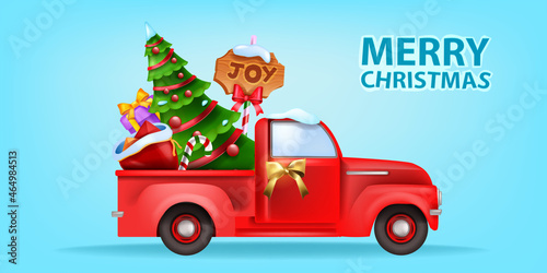 Christmas red car, vector Santa x-mas retro truck, decorated pine tree, present bag, wooden board. Vintage auto winter postcard, holiday season cartoon illustration, gift pickup. Christmas car banner