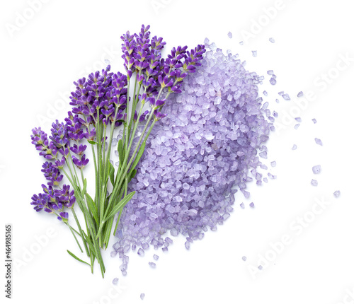 Lavender Flowers And Salt Isolated On White
