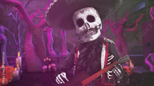 Seamless animation mariachi skeleton playing latin guitar in a mexican village with skeletons. Funny character dressed up  for The Day of Dead holiday with hat, makeup and costume. photo