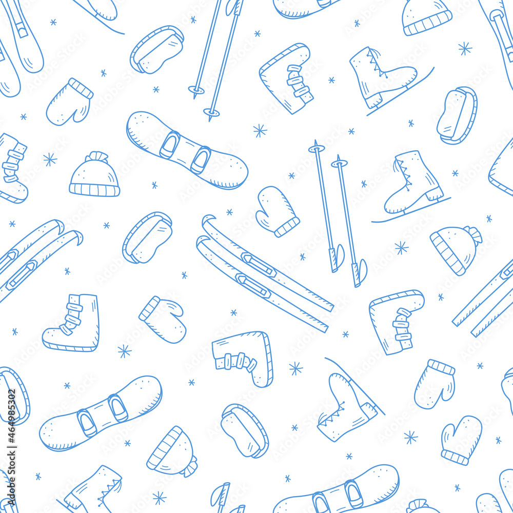 Seamless doodle pattern elements of winter active sports, skiing with sticks, downhill skiing, snowboarding, ice skates, winter clothing.