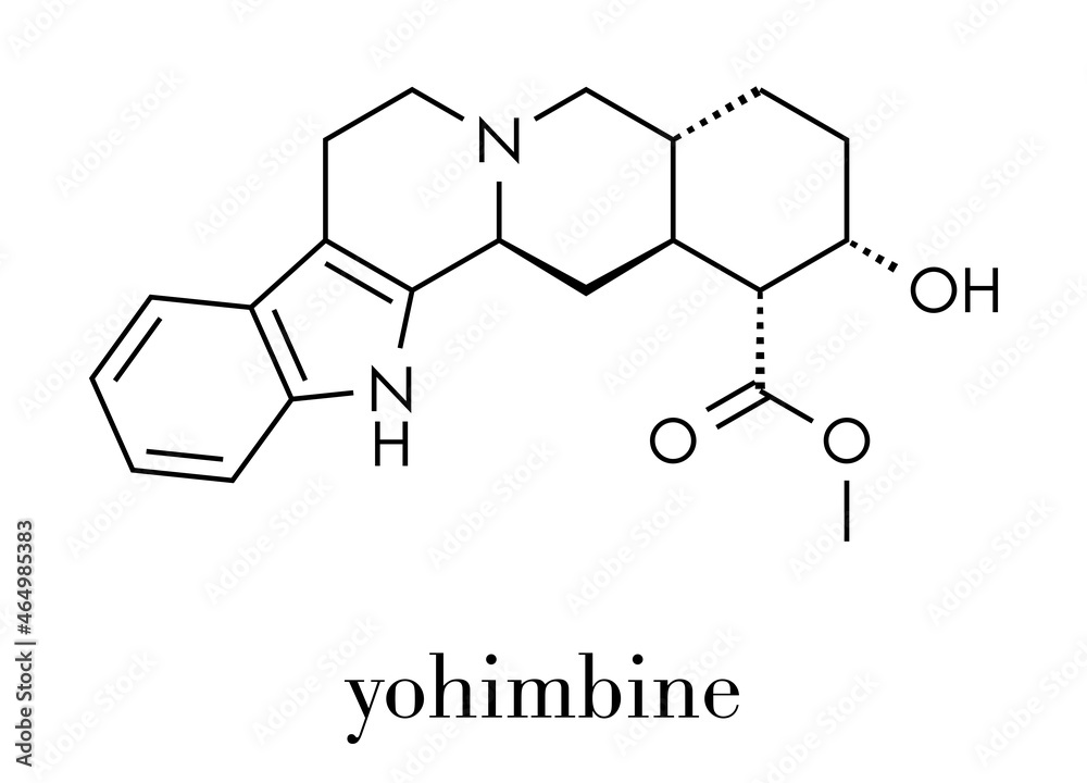 Yohimbine alkaloid molecule. Used as aphrodisiac drug. Skeletal formula. Yohimbine alkaloid molecule. Used as aphrodisiac drug. Skeletal formula.