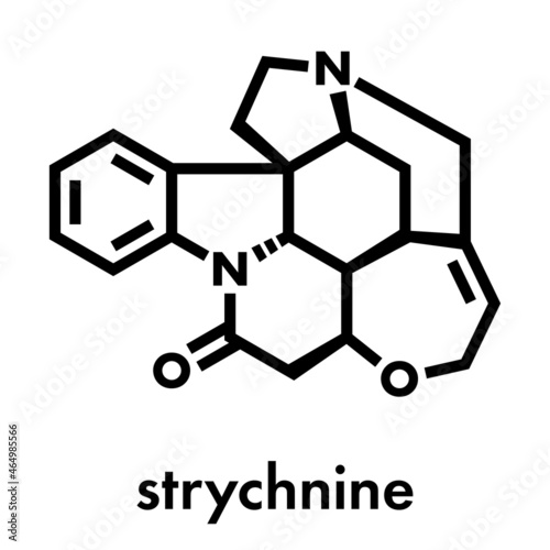 Strychnine poisonous alkaloid molecule. Isolated from Strychnos nux-vomica tree. Skeletal formula.