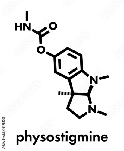 Physostigmine alkaloid molecule. Present in calabar bean and manchineel tree  acts as acetylcholinesterase inhibitor. Skeletal formula.