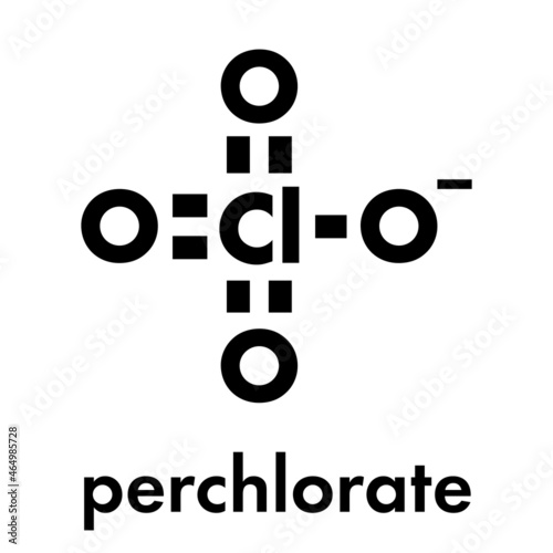 Perchlorate anion, chemical structure. Salts are used in rocket propellants.  Skeletal formula.