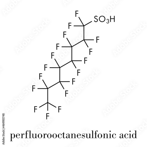 Perfluorooctanesulfonic acid (perfluorooctane sulfonate, PFOS) persistent organic pollutant molecule. Skeletal formula. photo
