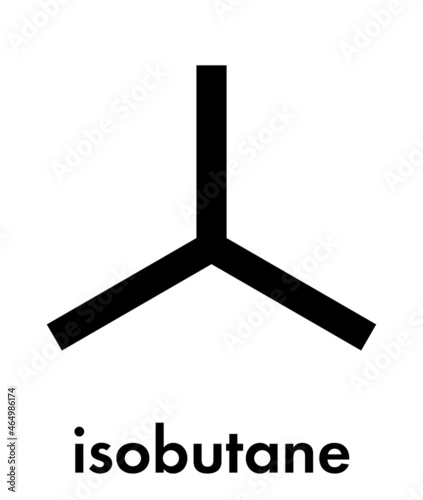 Isobutane (i-butane, methylpropane) alkane molecule. Used as refrigerant (in freezers and refrigerators) and as propellant (in aerosol sprays). Skeletal formula.