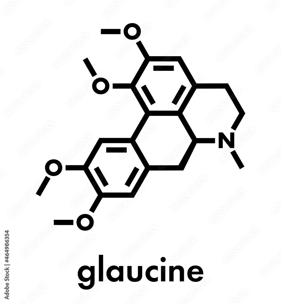 Glaucine alkaloid molecule. Found in yellow hornpoppy (Glaucium flavum) and a number of other plants. Skeletal formula. Glaucine alkaloid molecule. Found in yellow hornpoppy (Glaucium flavum) and a number of other plants. Skeletal formula.