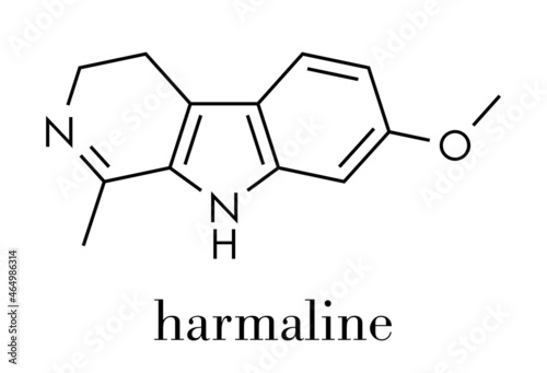 Harmaline indole alkaloid molecule. Found in Syrian rue (Peganum harmala). Skeletal formula.