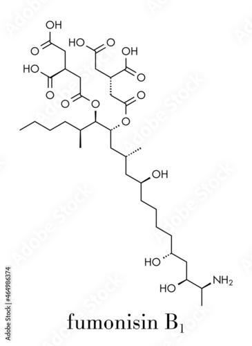 Fumonisin B1 mycotoxin molecule. Fungal toxin produced by some Fusarium molds, often present in corn and other cereals. Skeletal formula.
