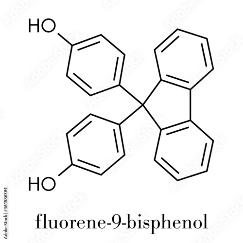 Fluorene-9-bisphenol (BHPF) molecule. Used as alternative to bisphenol A (BPA) but found to be endocrine disruptor as well. Skeletal formula.