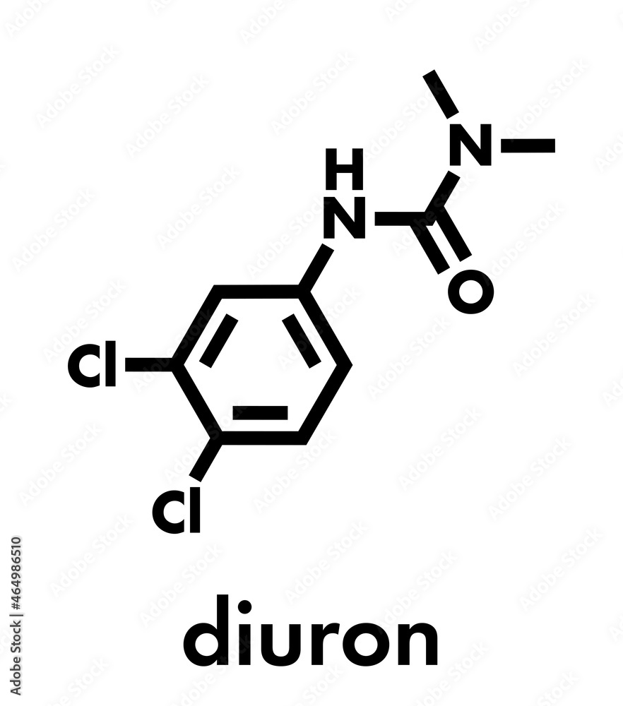 Diuron (DCMU) herbicide molecule. Skeletal formula. Diuron (DCMU) herbicide molecule. Skeletal formula.