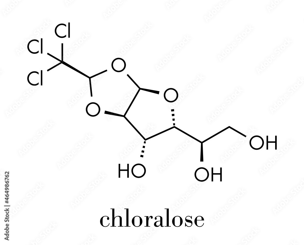 Chloralose rodenticide molecule. Skeletal formula. Chloralose rodenticide molecule. Skeletal formula.